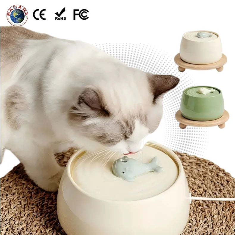 Eco-Friendly Circulating Luxurious Ceramic Cat Water Fountain Automatic USB Charging Dispenser with Filter and Wooden Stand