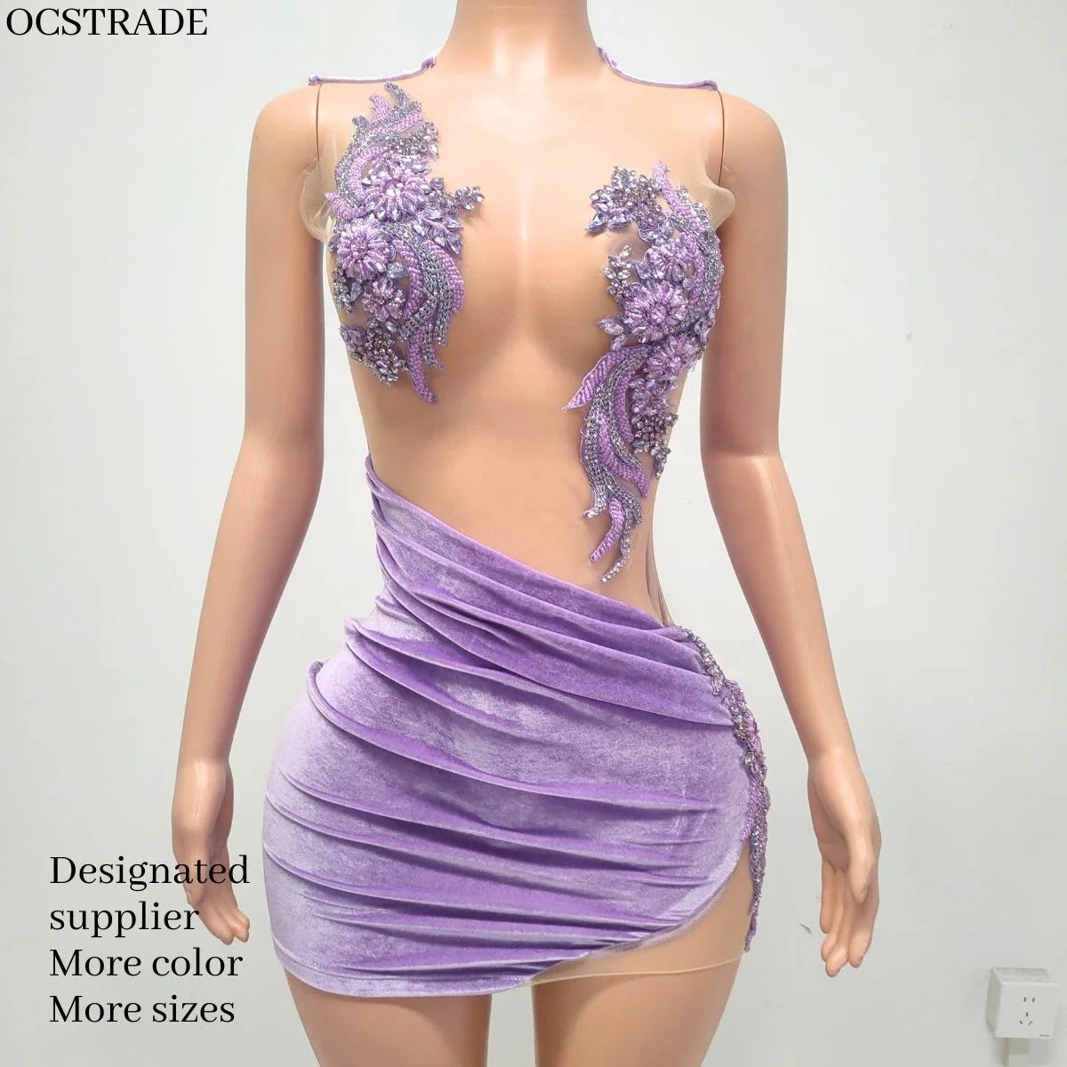 Ocstrade Sparkly Embroidered Silver Rhinestone Purple Birthday Dress Women Elegant O Neck Ruffle Cocktail Party Club Mini Dress
