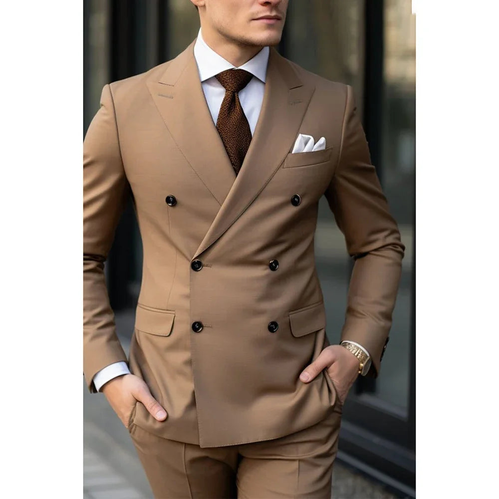 Formal Brown Men Suits Double Breasted Flat Front Regular Length Skinny Outfits Prom Party 2 Piece Jacket Pants Outfits Blazer MegaBDM
