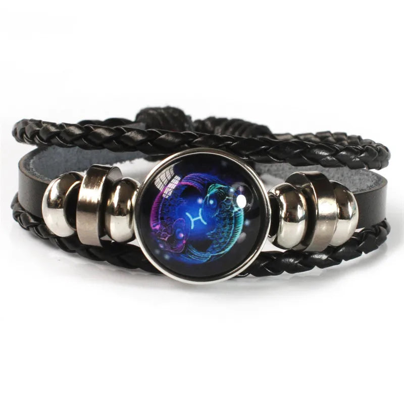 Vintage 12 Zodiac Sign Leather Adjustable Bracelet Multilayer Braided Rope Handmade Leather Bracelets Men