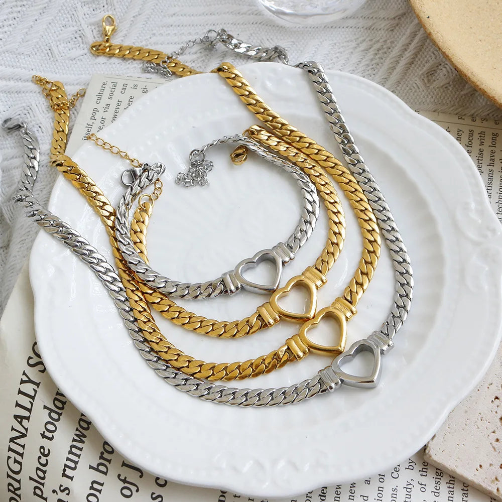 Simple Trendy New 316L Stainless Steel 18k Gold Plated Hollow Heart Bracelet Necklace Jewelry Set for Women