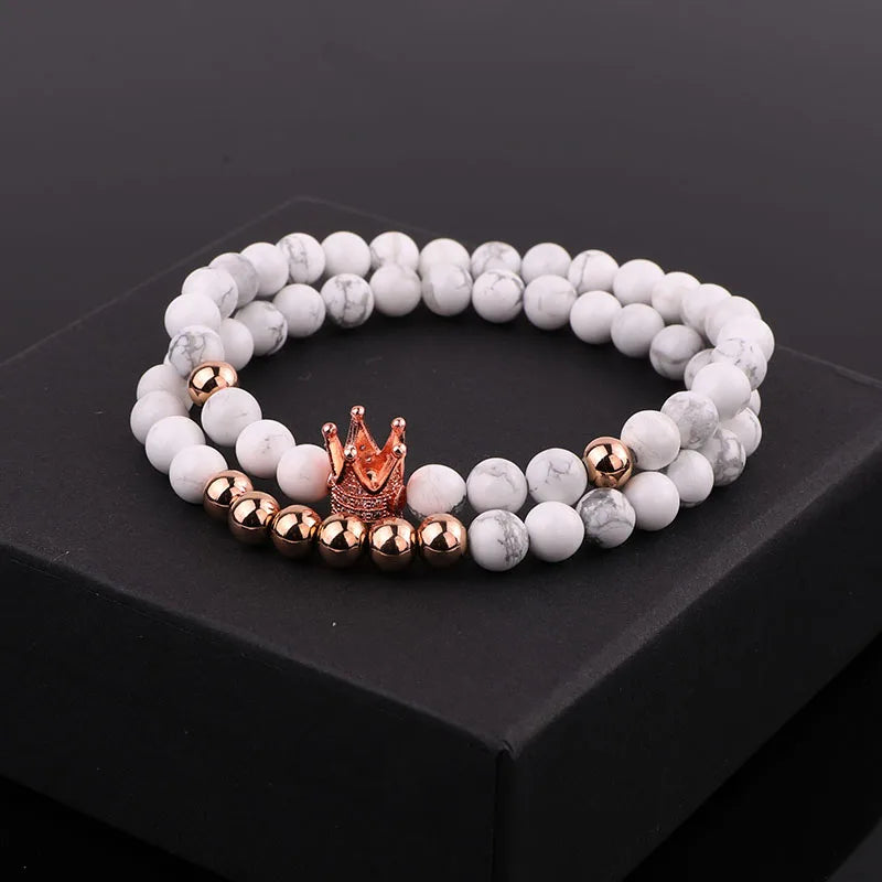New Fashion Natural Stone Bracelet White Howlite Beads CZ Pave Crown Charm Elastic Bracelet Set for Women