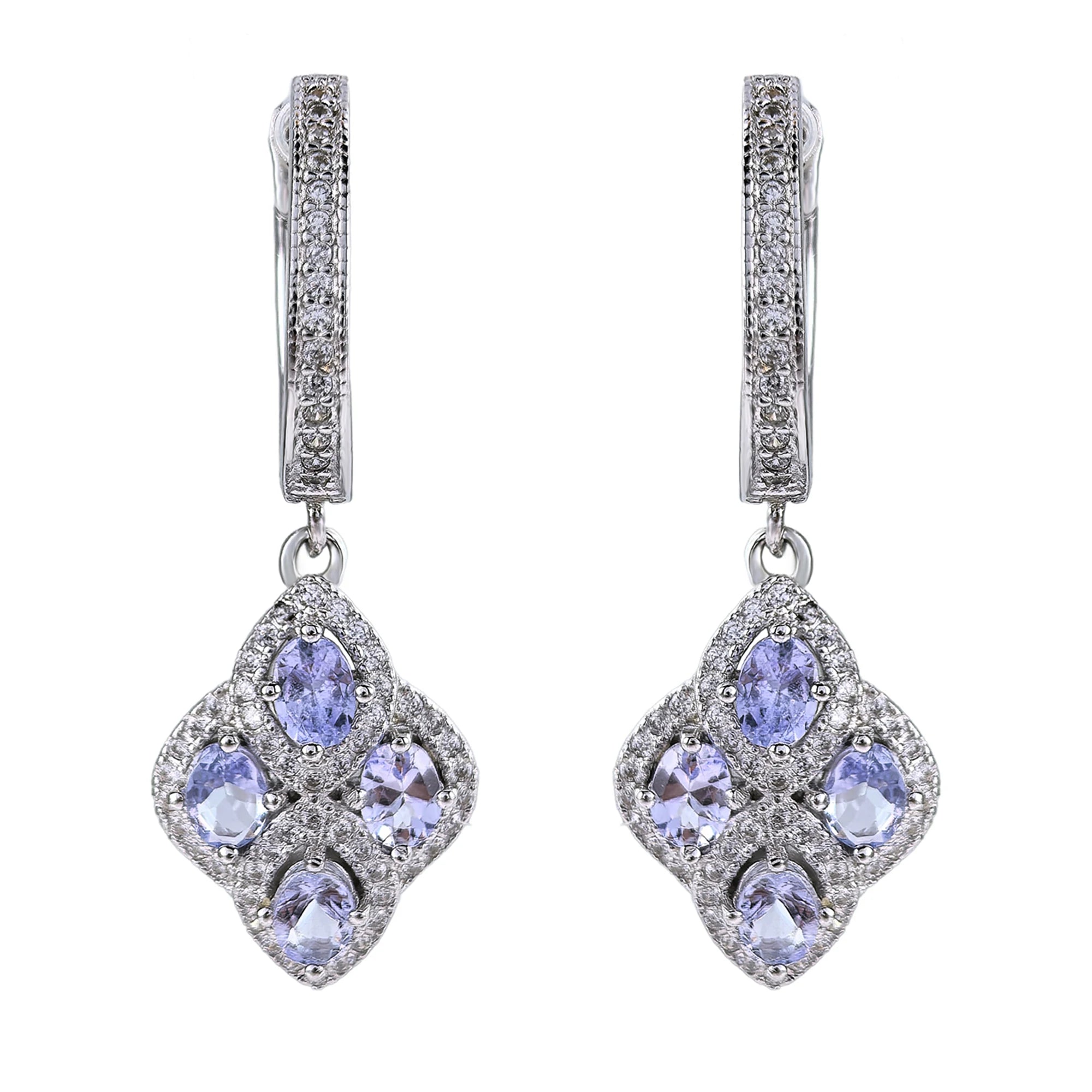 Elegant 925 Silver Jewelry Rhodium Plated Four Leaf Clover Drop Earrings Natural Tanzanite Trendy for Women's Anniversary Party