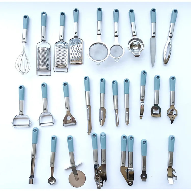 26pcs Durable Stainless Steel Eco-Friendly Anti-Slip Kitchen Accessories with Plastic Handles Cooking Tools Set Home Kitchen