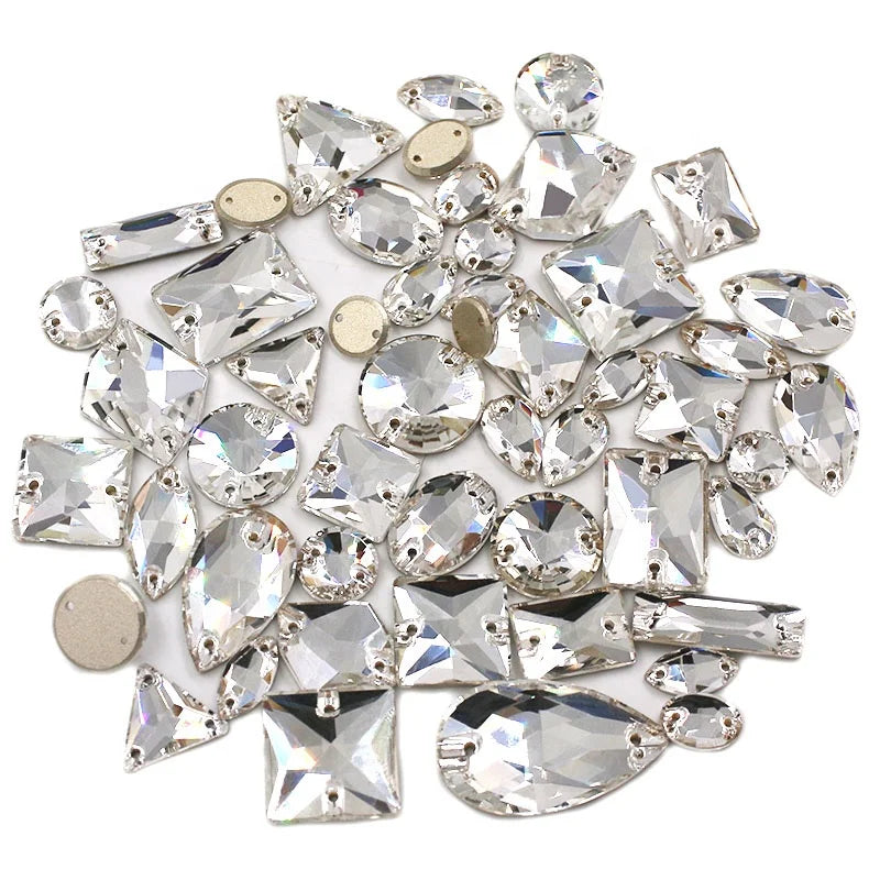 Wholesale White High-quality 3D Glass Flat Buckle Sew-On Rhinestone Crystal Mixed Size Loose 50pcs/bag