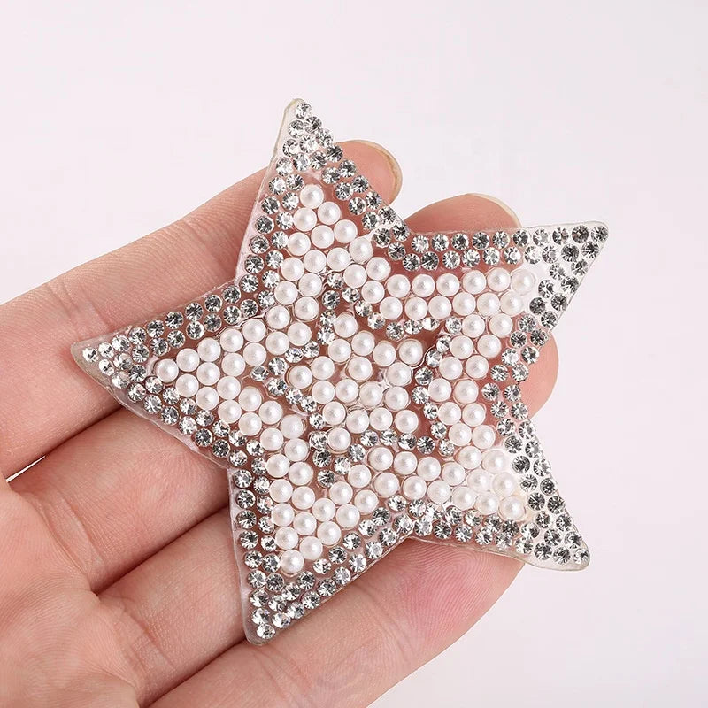 Wholesale Fancy White Pearl Beads With Clear Rhinestones Applique Iron on Adhesive Star Patch for Garment or Bag