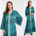Muslim Women's Middle East Fashion Green Digital Print Casual Formal Long Sleeve Lace Turkey Abaya Robe Arabian Dress Dubai