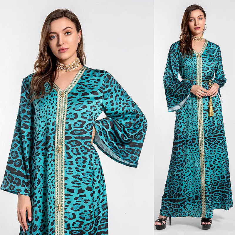 Muslim Women's Middle East Fashion Green Digital Print Casual Formal Long Sleeve Lace Turkey Abaya Robe Arabian Dress Dubai