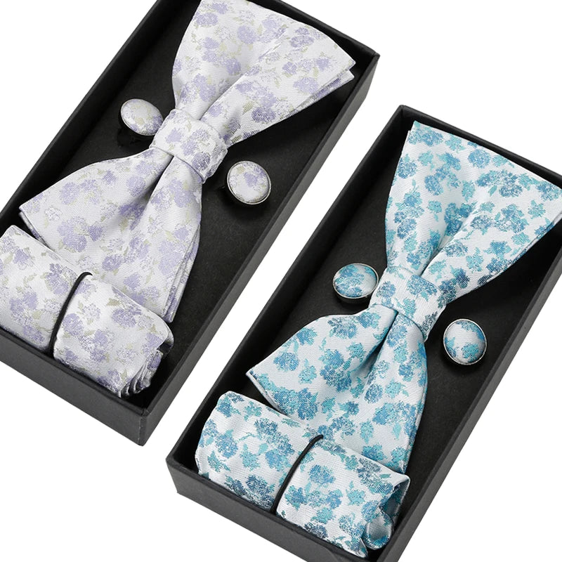 Floral Jacquard Bowties Luxury Design Handkerchief Cufflinks Bow Ties Gift Box Set Shirt Accessories Silk Bow Tie Cravat for Men
