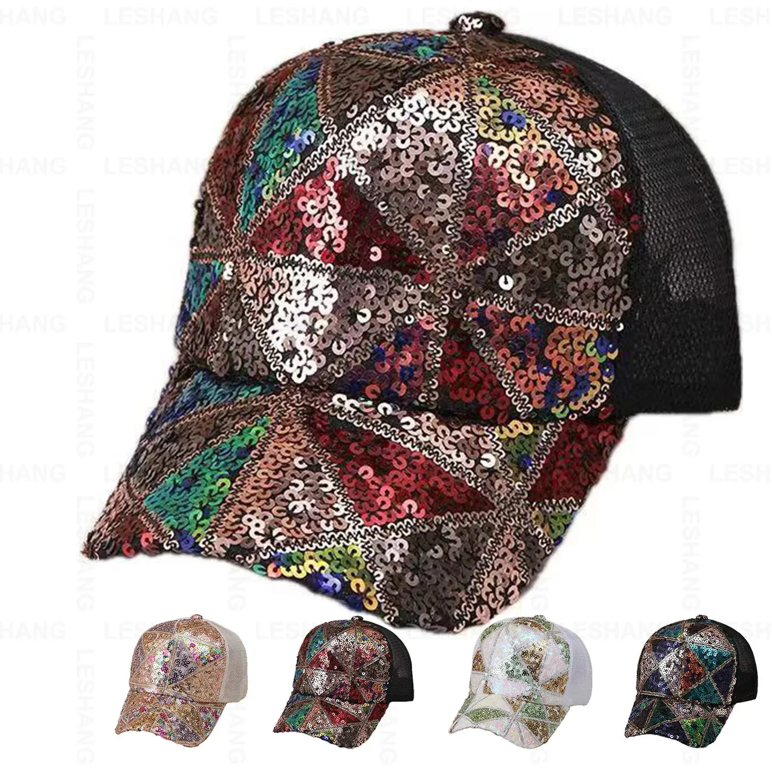 Wholesale Polyester 4 Colors Breathable Shiny Sequined Mesh Trucker Hats Custom 6 Panel Plain Curved Brim Baseball Caps