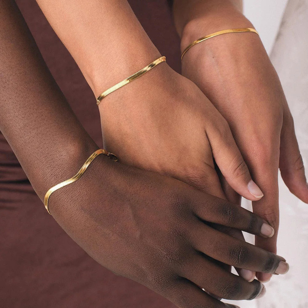 EManco Wholesale 2/3/4/5mm Flat Snake Chain Bracelets Gold Plated Cartilaginous Flat Herringbone Stainless Steel Chain Women