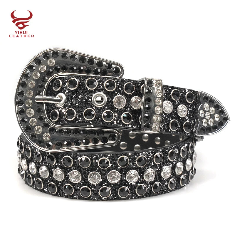 Fashion Western Cowboy Bling Bling Kids Waist Belt Studs Black Patent Leather PU Rhinestone Belts Boys