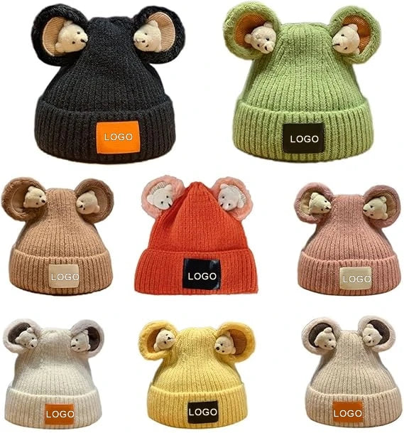 Custom logo Casual Skullies Hat Beanies Hat Cold Hat Thermal Cute Bear Knitted Hat  for Kids