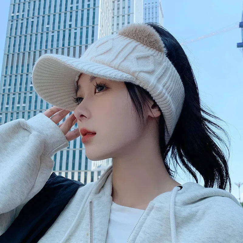 Sun Backless Visor Hat for Women Winter Elastic Warm Knitted Hats