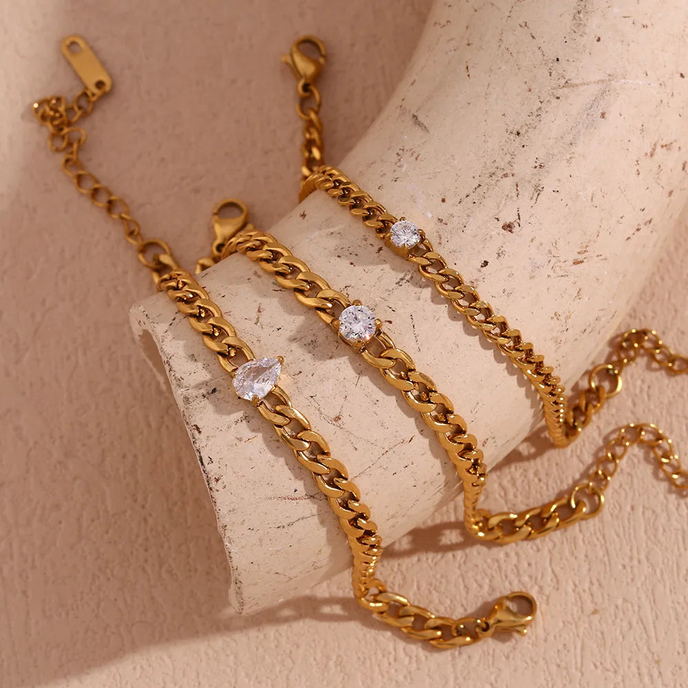 Dainty Stainless Steel Chain Bracelets Non Tarnish Bracelets 18K Gold Zircon Charm Chain Bracelets for Women