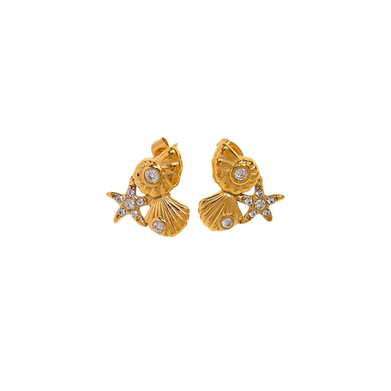 Ocean-Inspired Design Jewelry Waterproof Stainless Steel 18K Gold Plated Conch Starfish Shell Shape Stud Earrings for Women