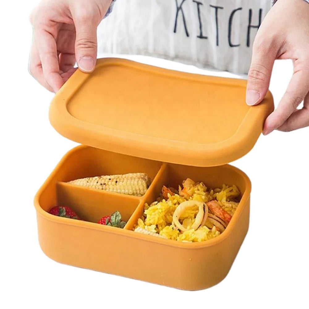 Rectangle Bento Box Silicone Food Storage Container BPA Free Spill Proof Silicone 3 Compartment Bento Lunch Box