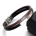 Original Engraved Bar Brown Braided Genuine Leather Men Bracelets Stainless Steel Magnetic Clasp Bangle Jewelry OT-030