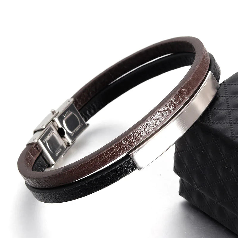Original Engraved Bar Brown Braided Genuine Leather Men Bracelets Stainless Steel Magnetic Clasp Bangle Jewelry OT-030