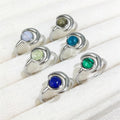 Healing Crystal Jewellery Natural Round Stone Silver Moon Rings Resizable Gemstone Lapis Lazuli Amazonite Blue Lace Agate Rings