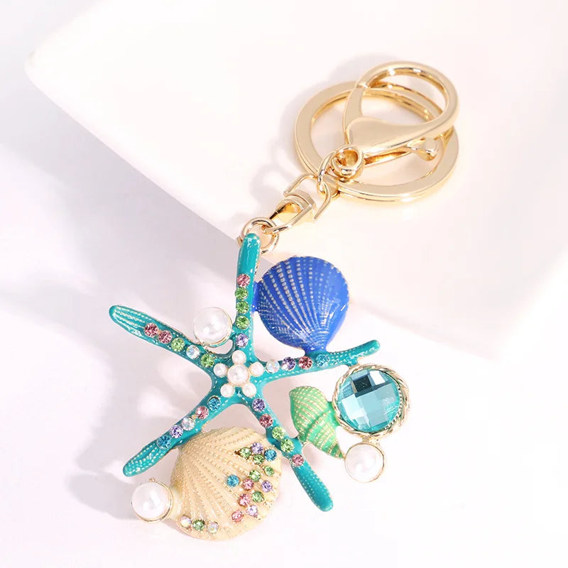 Cute Rhinestone Marine Animal Starfish Keychains Scallop Pearl Starfish Keychain for Women Gift