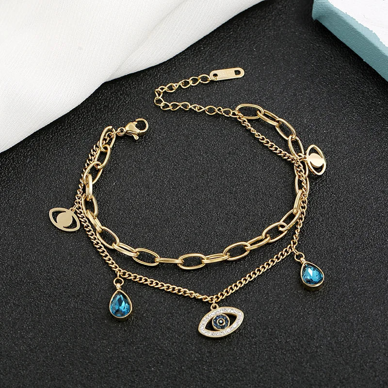 2021 Design Waterdrop Diamond Evils Eye Charm  Multi Layer Stainless Steel Chain Evil Eyes  for Women