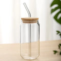 Beer Can Glass with Bamboo Lids and Glass Straws 4 Pack 16oz Drinking Glasses with Lids and Straws Can Shaped Glass Cups