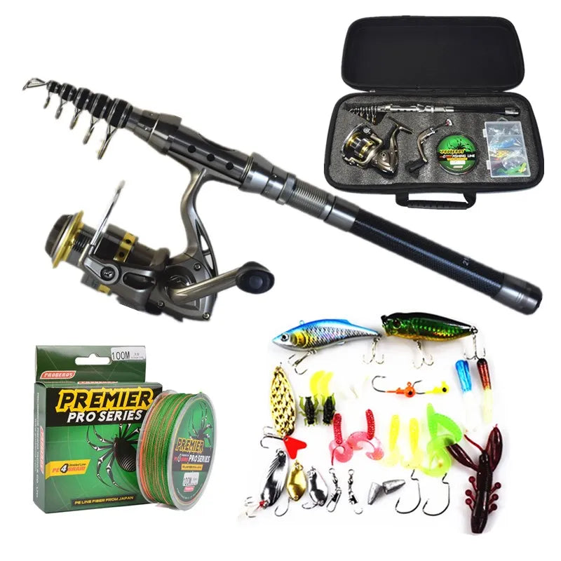 New Spring Outdoor Travel Portable Fishing Set Carbon Fiber Rod Reel Line Lure Kit Bag for Carp Bass for Lake and Stream
