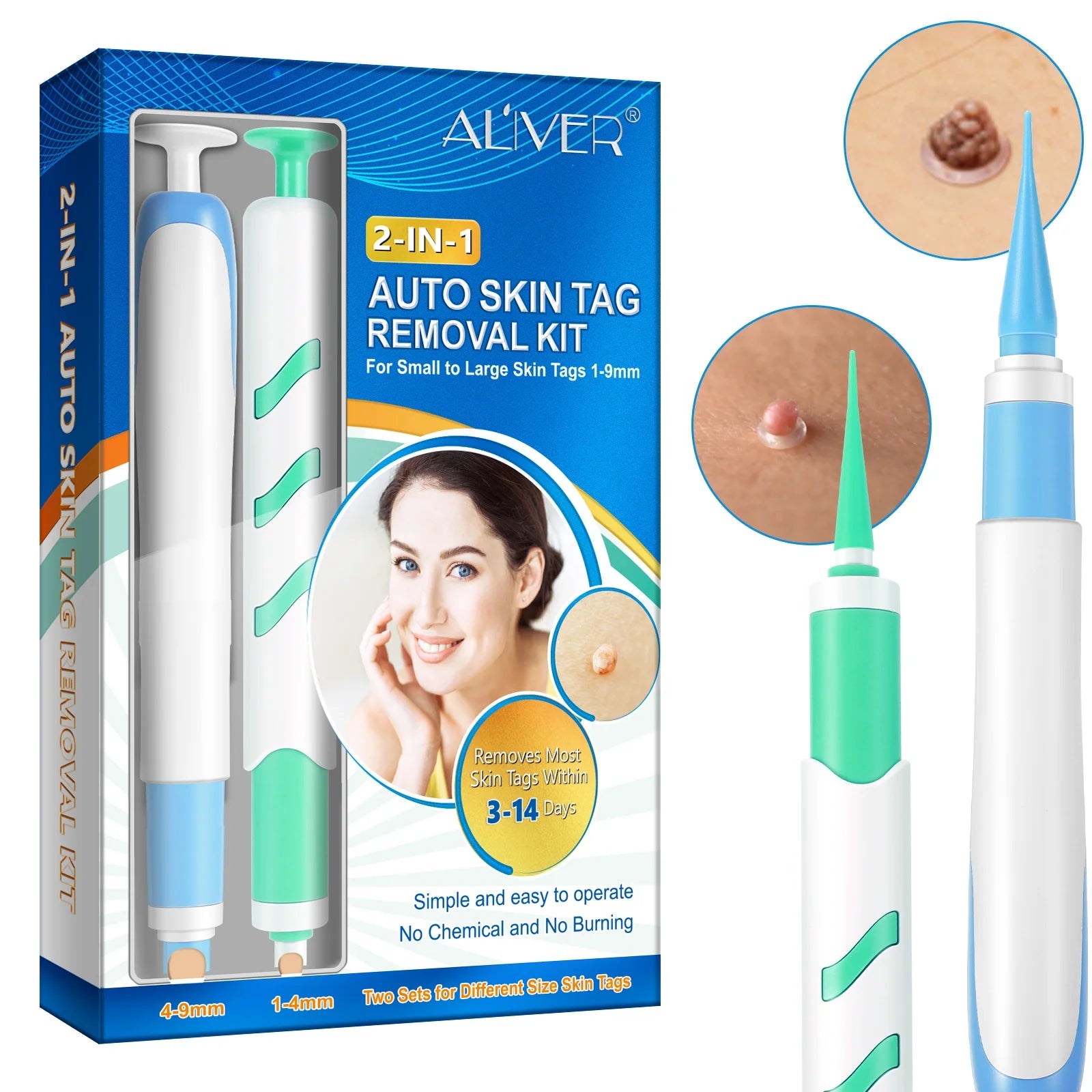 ALIVER 2 in 1 Auto Skin Tag Removal Kit Skin Repair Tools Wart Remover Patch Acne Pimple Treatment Skin Tag Remover Pen