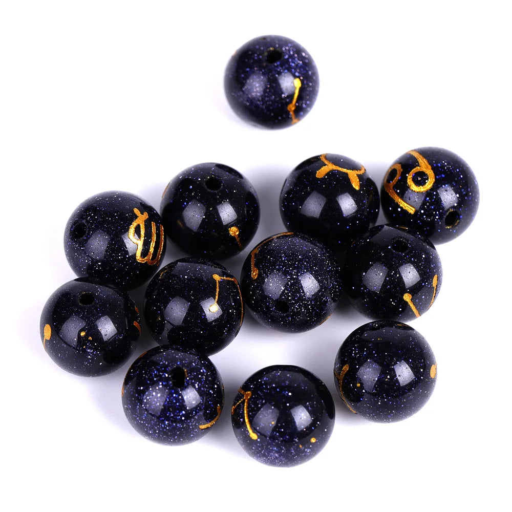 Carved Pattern Twelve Constellations 10mm Blue Sand Taurus Aries Gemini Single Loose Bead Diy Pop Jewelry Bracelet