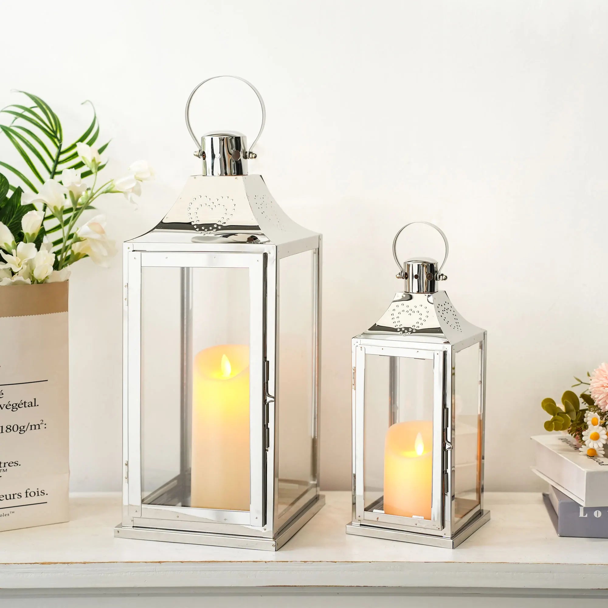Wedding Silver Lantern Set Square Stainless Steel Lantern Best Indoor Outdoor Decoration Without Candles