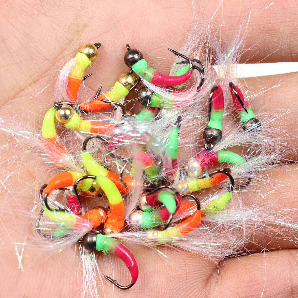 Ice Fishing Nymphing Flies Tungsten Bead Head Fluorescent Nymph Trout Bass Perch Pike Flies #8 Pearl Tinsel Nymph