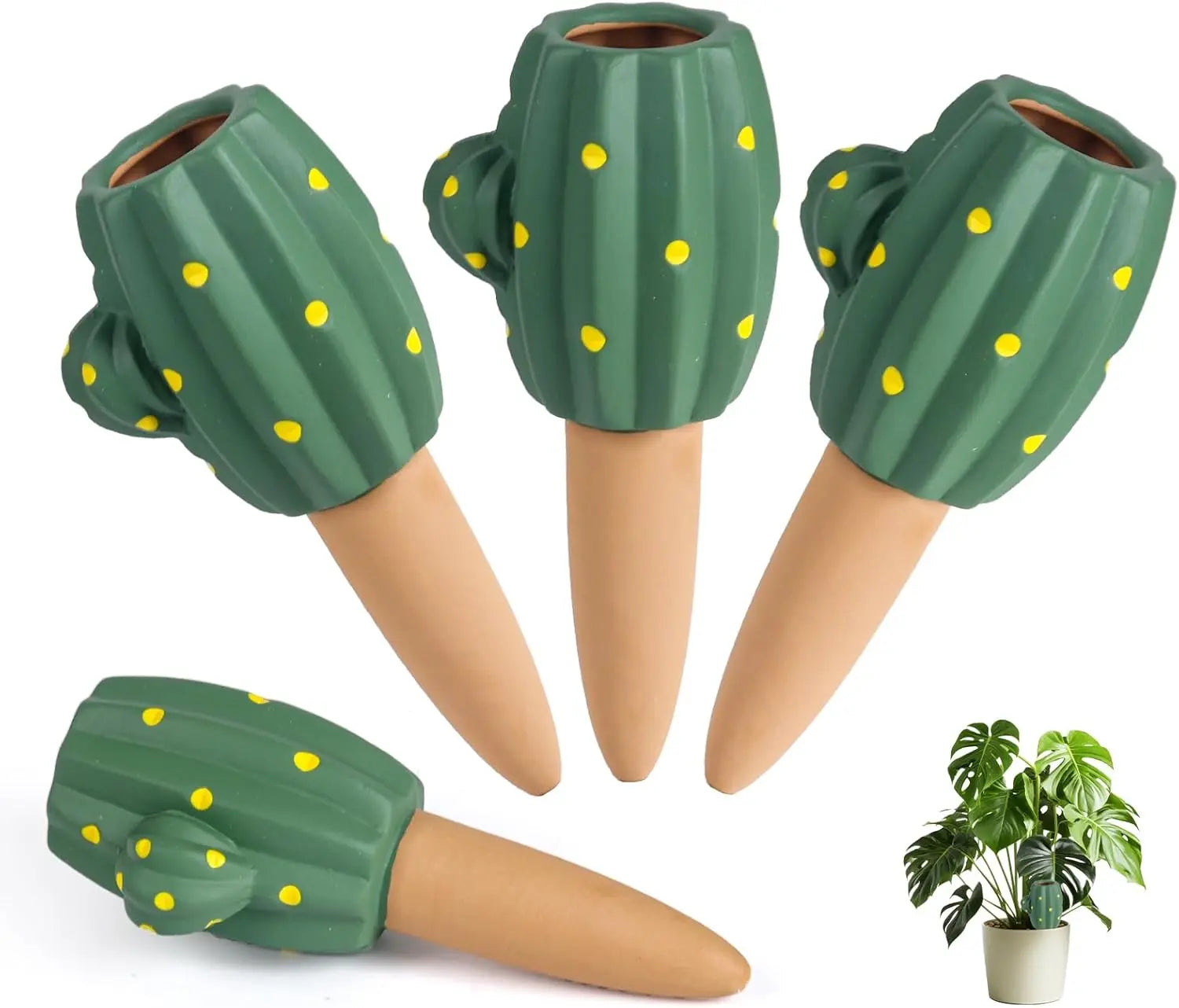 Terracotta Self-Watering Spikes Set of 4 Cactus-Shaped Plant Watering Stakes with Bottle Adapter for Indoor & Outdoor Plants