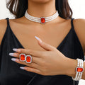 Elegant Vintage Oval Square Rhinestone Wedding Jewelry Layered Turquoise Pearl Beaded Choker Necklace Set for Women