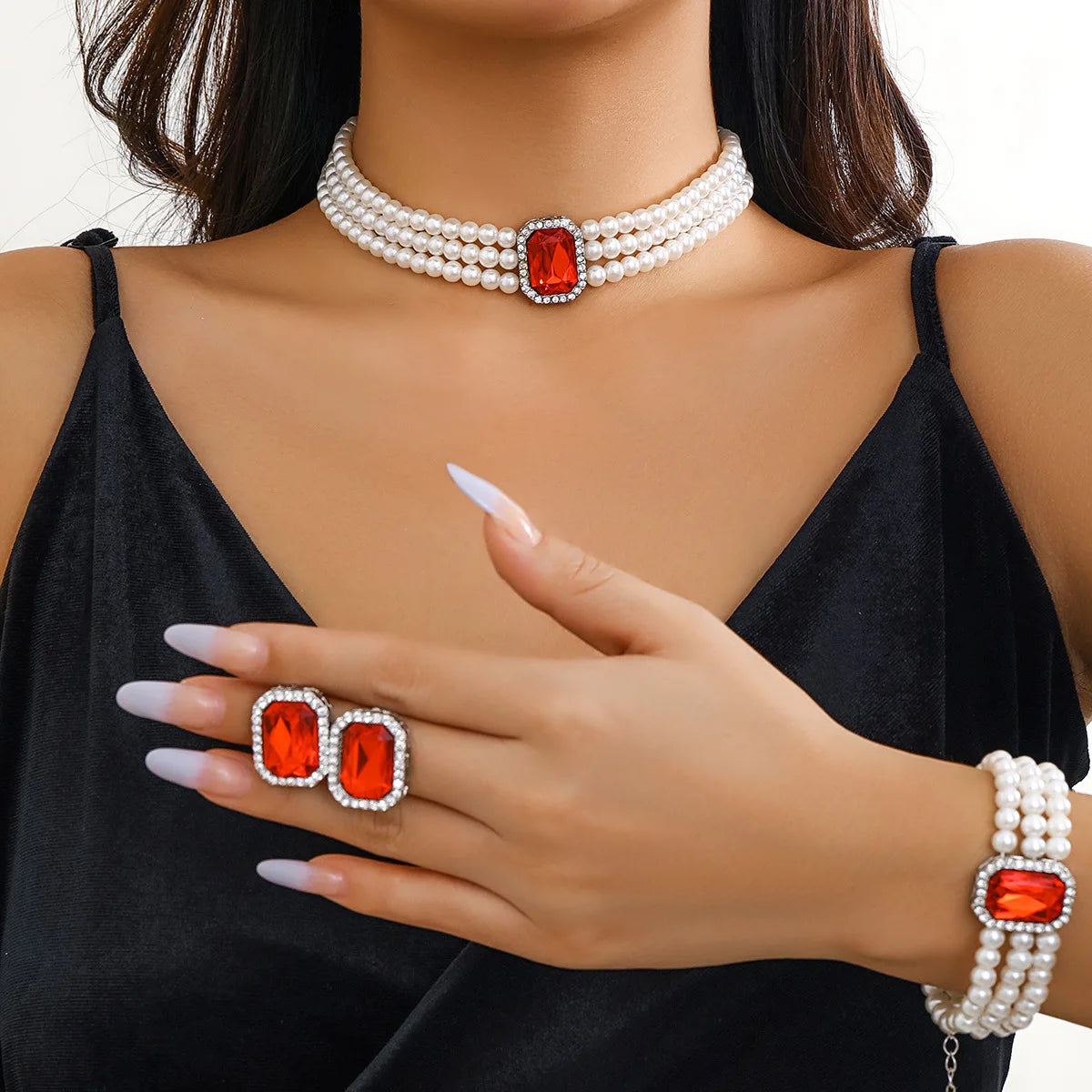 Elegant Vintage Oval Square Rhinestone Wedding Jewelry Layered Turquoise Pearl Beaded Choker Necklace Set for Women