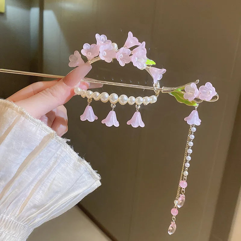 Vintage Chinese Traditional Acrylic Purple Flower Hairpin Classic Tassel Hair Stick Elegant Women Elegant Hanfu Hair Accessories