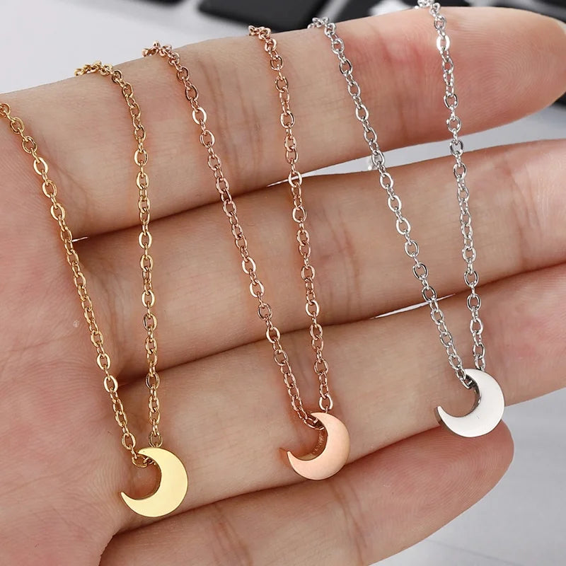 Elegant Tarnish Free PVD 18K Gold Silver Rose Plated 316L Stainless Steel New Moon Crescent Pendant Necklace Jewelry for Women