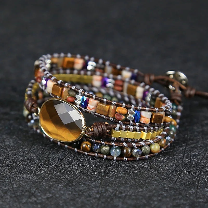 Boho Natural Stone Bracelet for Men Jewelry Tiger Eye Agate Crystal Handmade Layered Braided Wrap Beaded Bracelet Jewelry