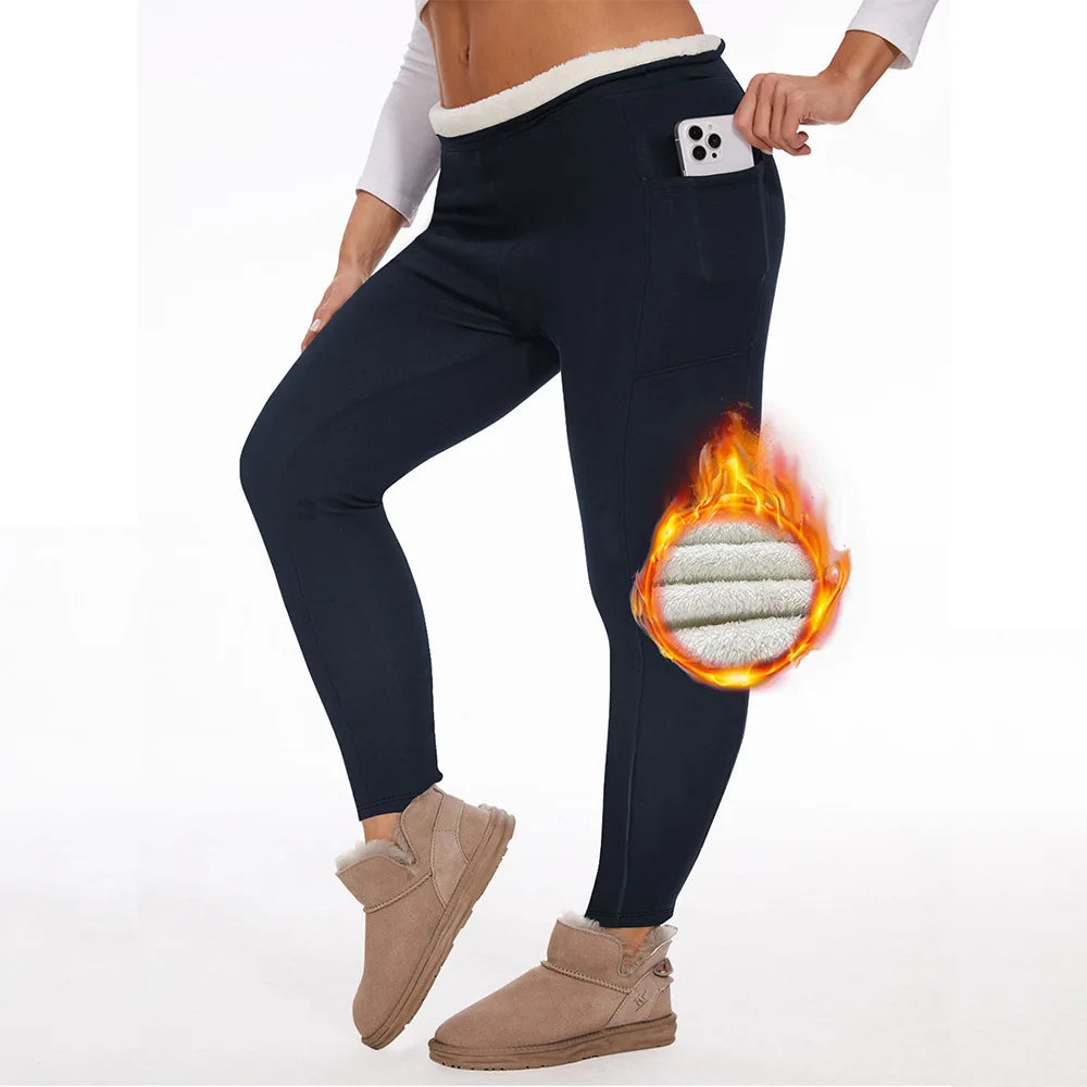 Custom Logo High Waist Thickened Fleece-Lined Plus-Size Leggings for Women Fall/Winter Thermal Stretch Pants with Pockets