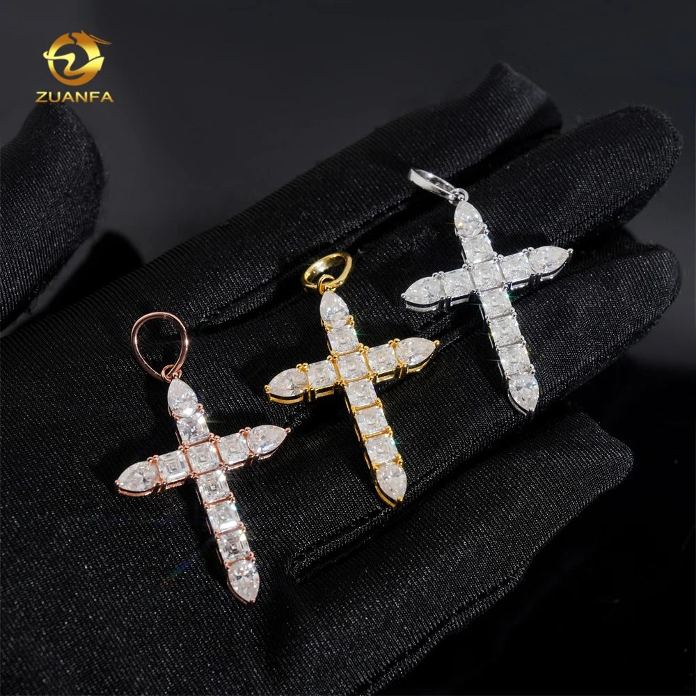 New Arrival Classic Tennis Cross 925 Sterling Silver Asscher Cut Hip Hop VVS Moissanite Pendant