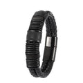 Blackout Double Rope Leather Bracelet Textured Barrel Accent Magnetic Clasp MegaBDM