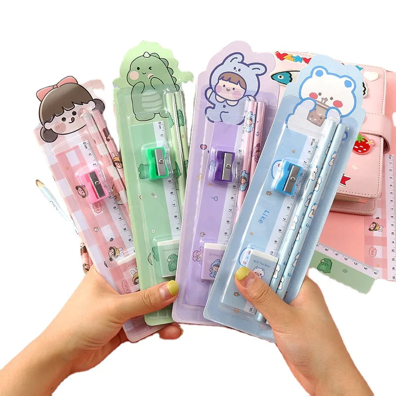 Korean Kawaii Children Stationery ItemsRuler 2 Pencils Sharpener Eraser Gift Kids Stationery Set for Children Gift