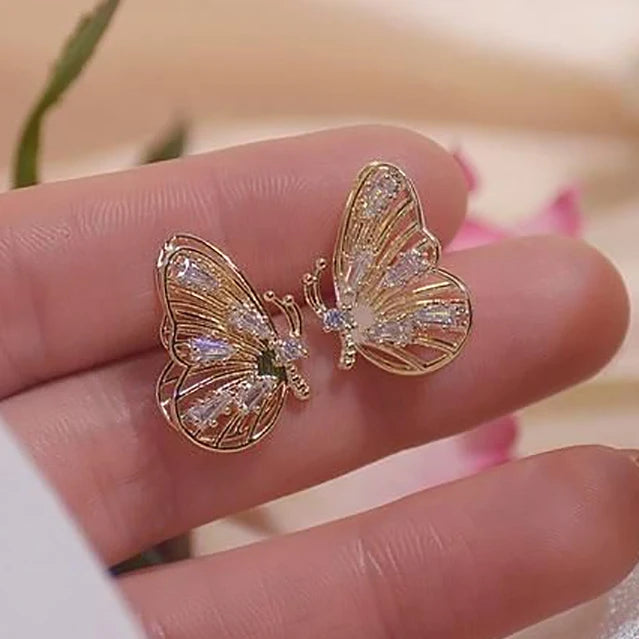 Huitan Luxury Women's Double Layer Butterfly Design Hollow Gold Plated Earrings Wedding Engagement Cubic Zirconia Stud Earrings