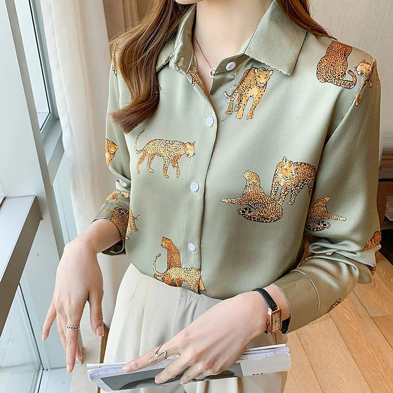 9010# New Women Fashion Korean Loose Blouse Print Shirt Long-sleeved Shirt Retro Blouse Ladies Shirt