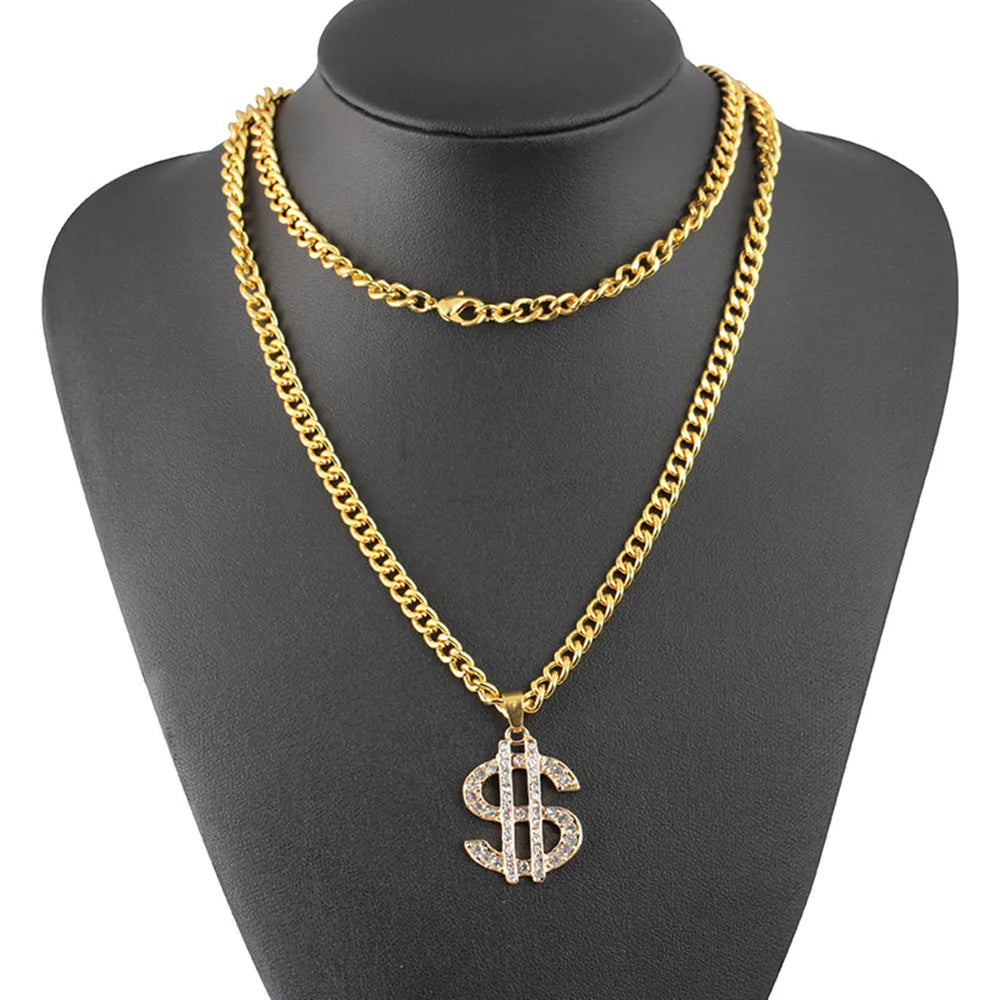 Women's Fashion 18K Gold Plated Stainless Steel USA Dollar Pendant Necklace Trendy Money Hip Hop Choker Zinc Alloy Studded