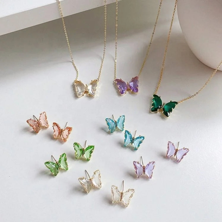 Fashion Charm Girls Jewelry Gift 4 Colors Purple Pink Clear Crystal Clavicle Sweet Butterfly Pendant Necklace for Women