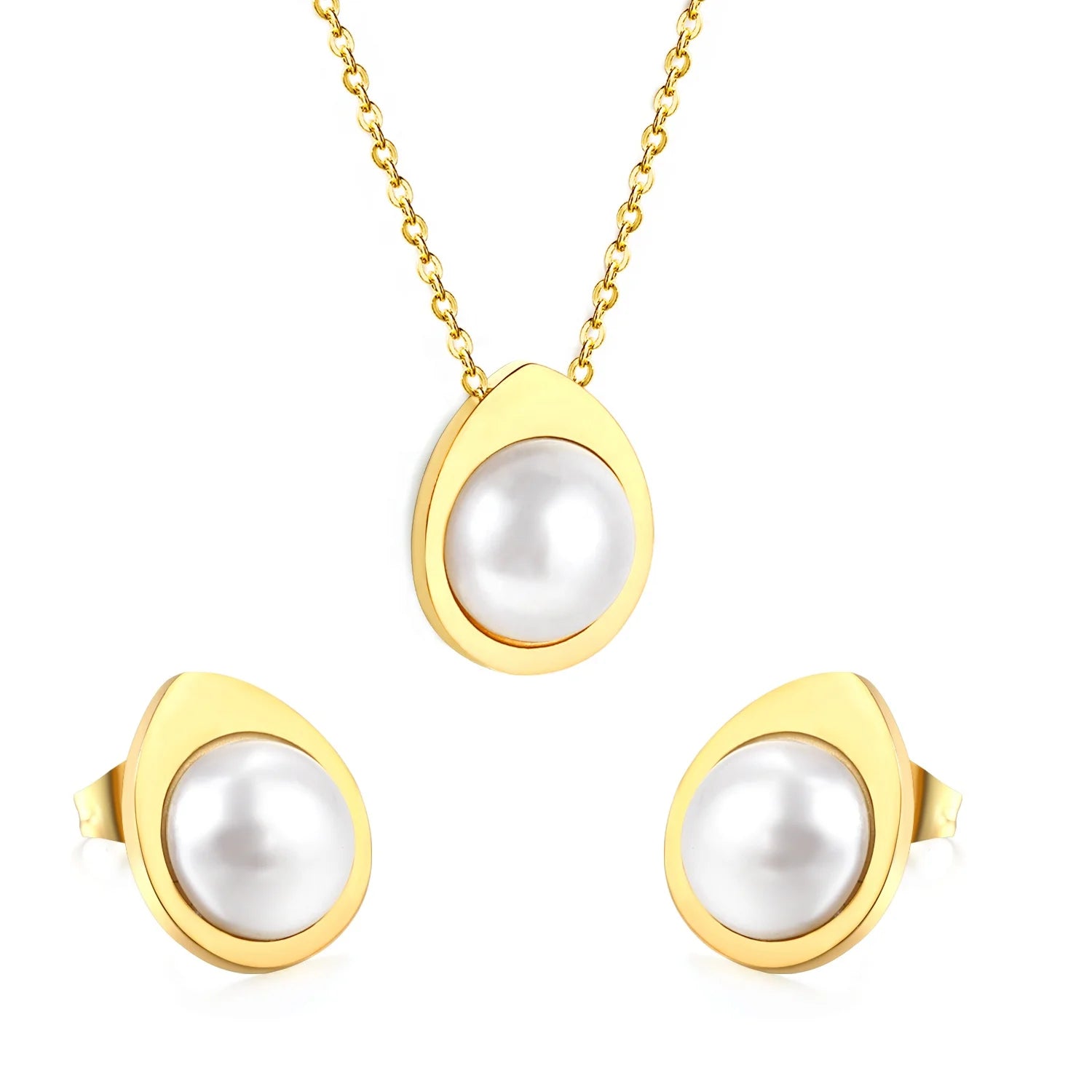 Romantic Stainless Steel Gold Plated Pearls Pendant Necklace Stud Earrings Custom Wholesale Fashion Jewelry Set Women