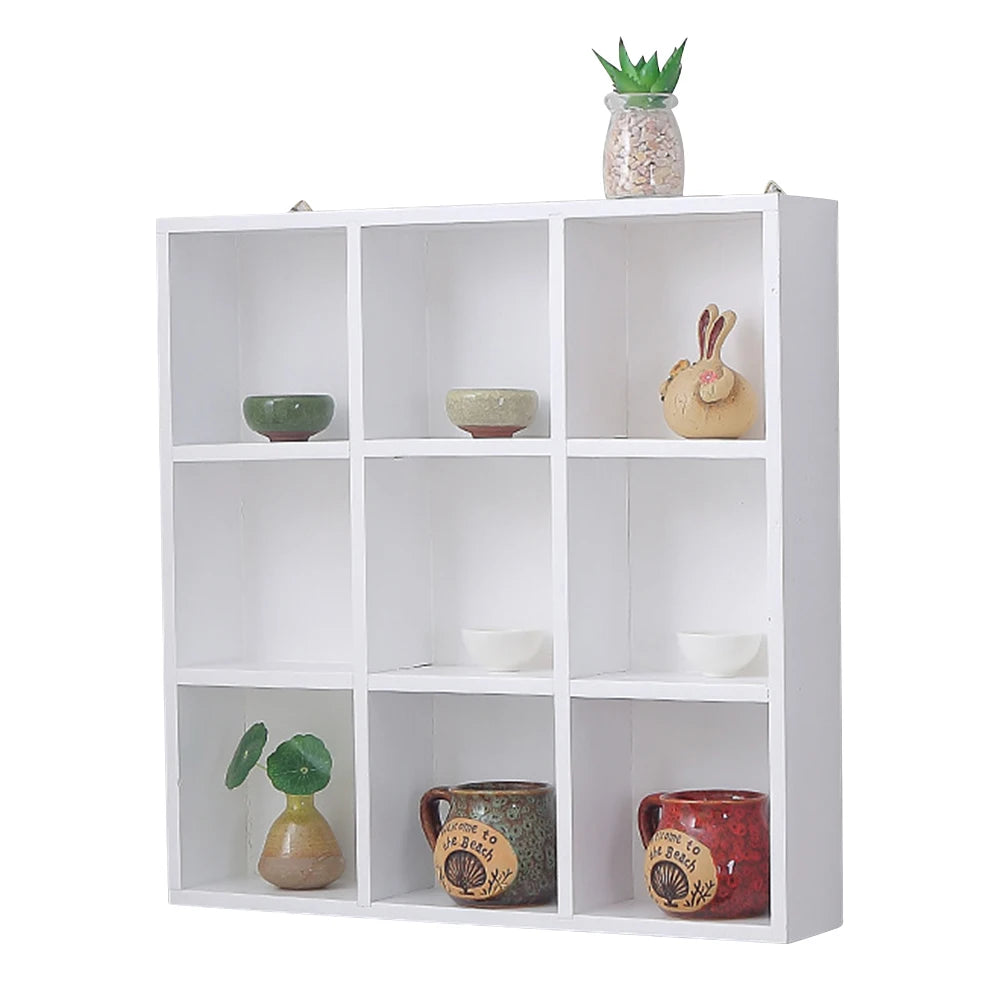 9-Grid Floating Wooden Storage Wall-Shelves Shadow Box Organizer for Kitchen Book Home Supermarket