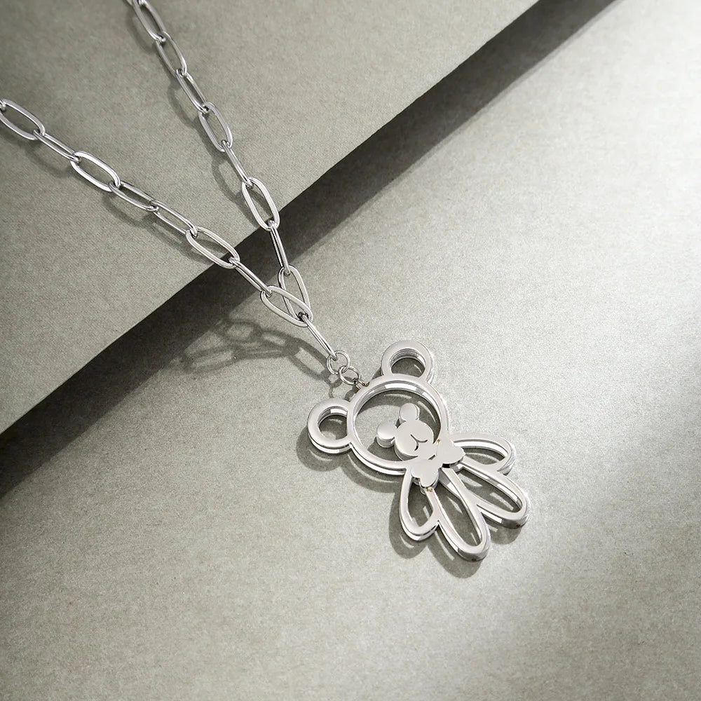 INS Style Stainless Steel Teddy Bear Pendant Necklace for Ladies Trendy Hiphop Bear Design on Link Chain for Sweater