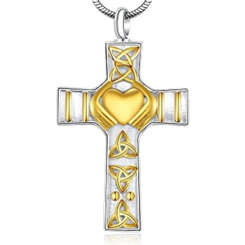 Vintage 18K Gold Plating Celtic Hands Cross Coffin Urn Pendant Jewelry Keepsake Holder Cremation Claddagh love Souvenir Ash Urn